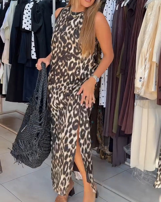 Robe Col Rond Léopard Sans Manches Maxi