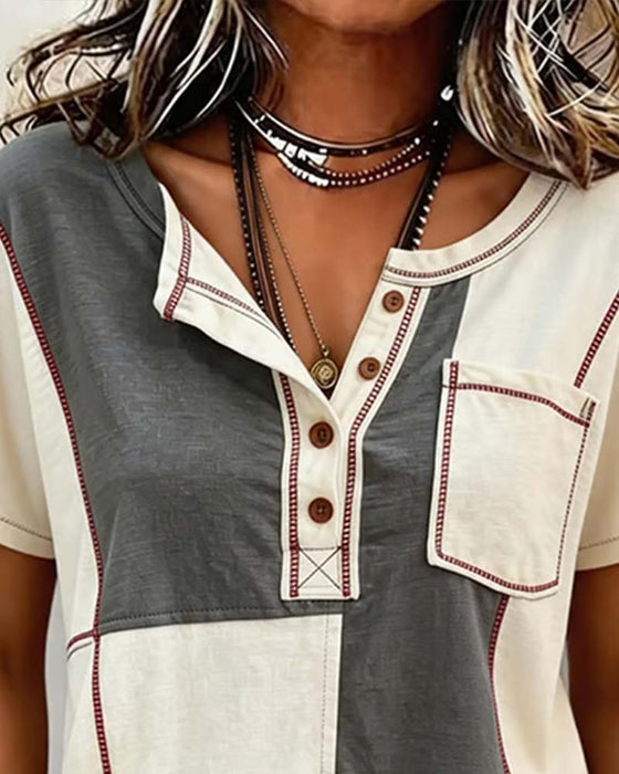 T-Shirt Couleur-Contraste Col-Rond Bouton Patchwork