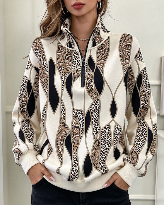 Sweatshirt Géométrique Paisley Demi Fermeture Éclair Col Montant