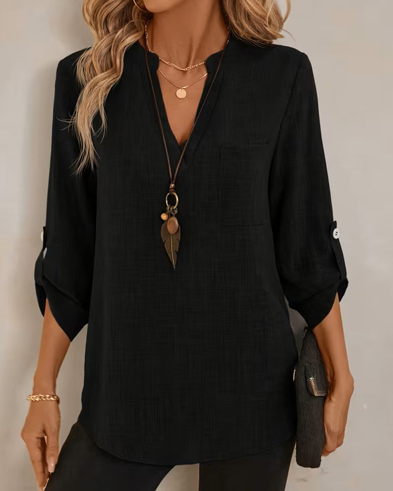 Blouse Col V Uni Manches Longues Poche