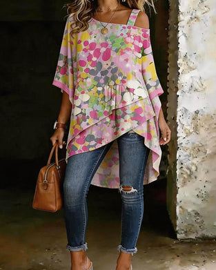 Blouse Imprimé Abstrait Épaules Dégagées