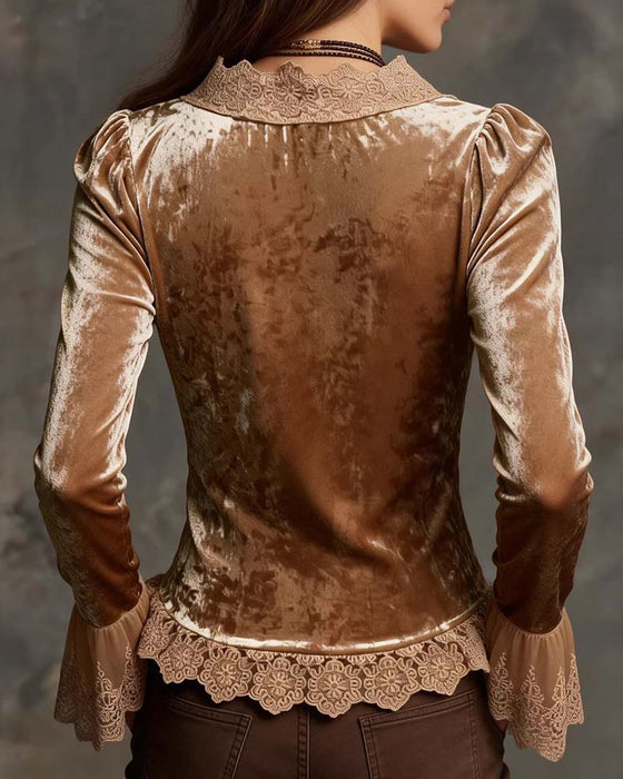 Blouse Col En V Froncée Dentelle Panneau