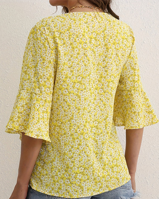 Chemisier Col V Floral Papillon Manche