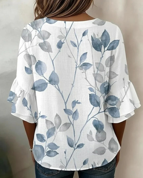 Blouse Volant Évasé Manche Feuille Imprimé