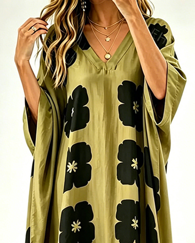 Robe Imprimé Col En V Manche Chauve-Souris Coupe Loose
