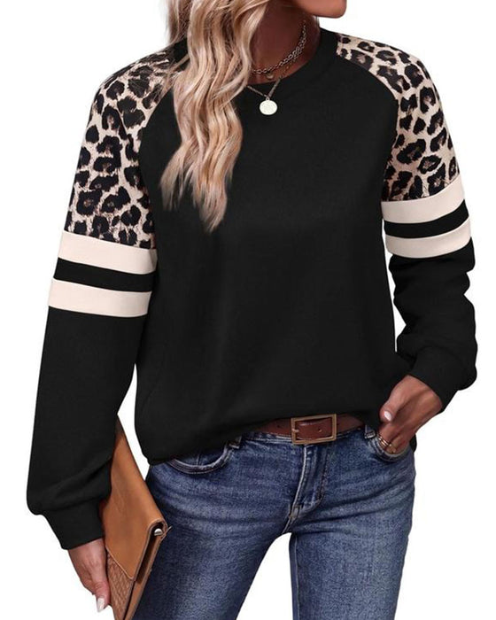 Sweat-Shirt Manches Longues Col Rond Léopard Rayé