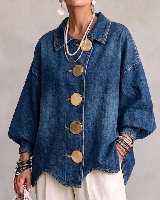 Manteau Revers Boutonné Manche Bouffante Denim