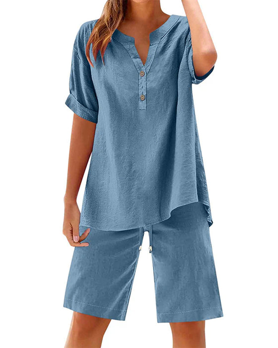 Deux-Pièces Ensemble Col Henley Manche Courte Et Cordon De Serrage Cinq-Points Large Jambe Pantalon