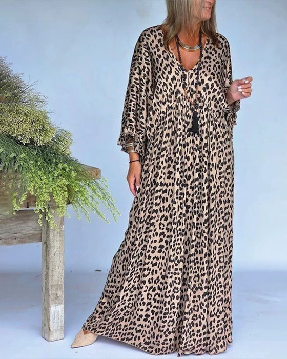 Robe Col En V Imprimé Léopard Coupe Loose Décontractée
