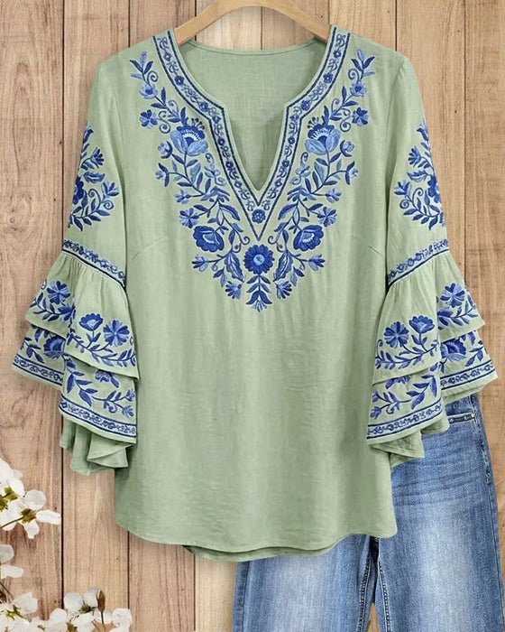 Blouse Col En V Deux Niveaux Volant Manche Cloche