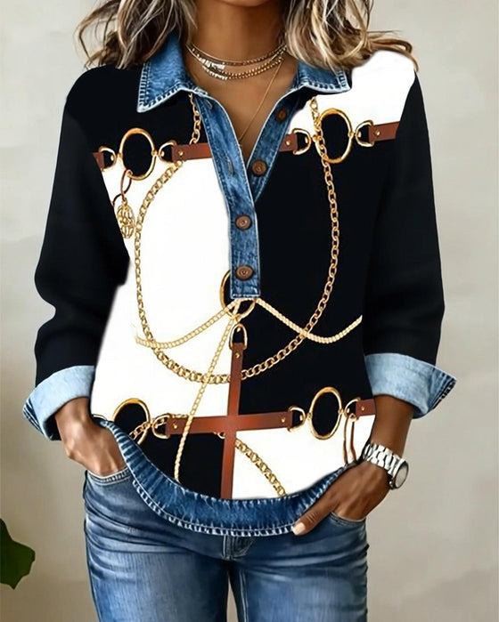 Sweat Denim Patchwork Impression Chaîne