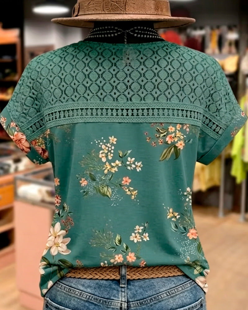 T-Shirt Découpé Patchwork Manches Courtes