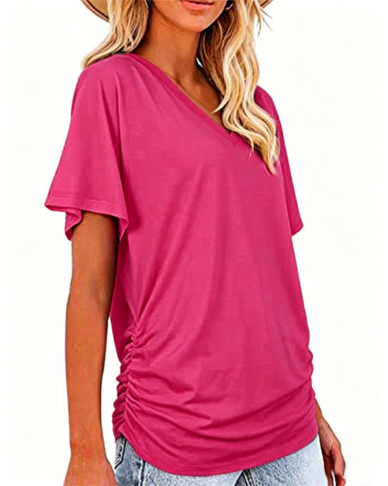 T-Shirt Plissé Uni Col En V