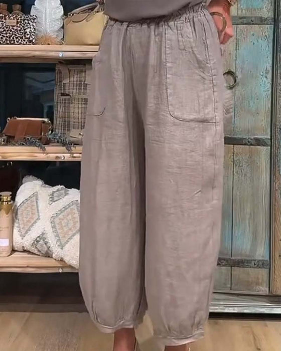 Pantalon Taille Élastique Poche Large Jambe Raccourci