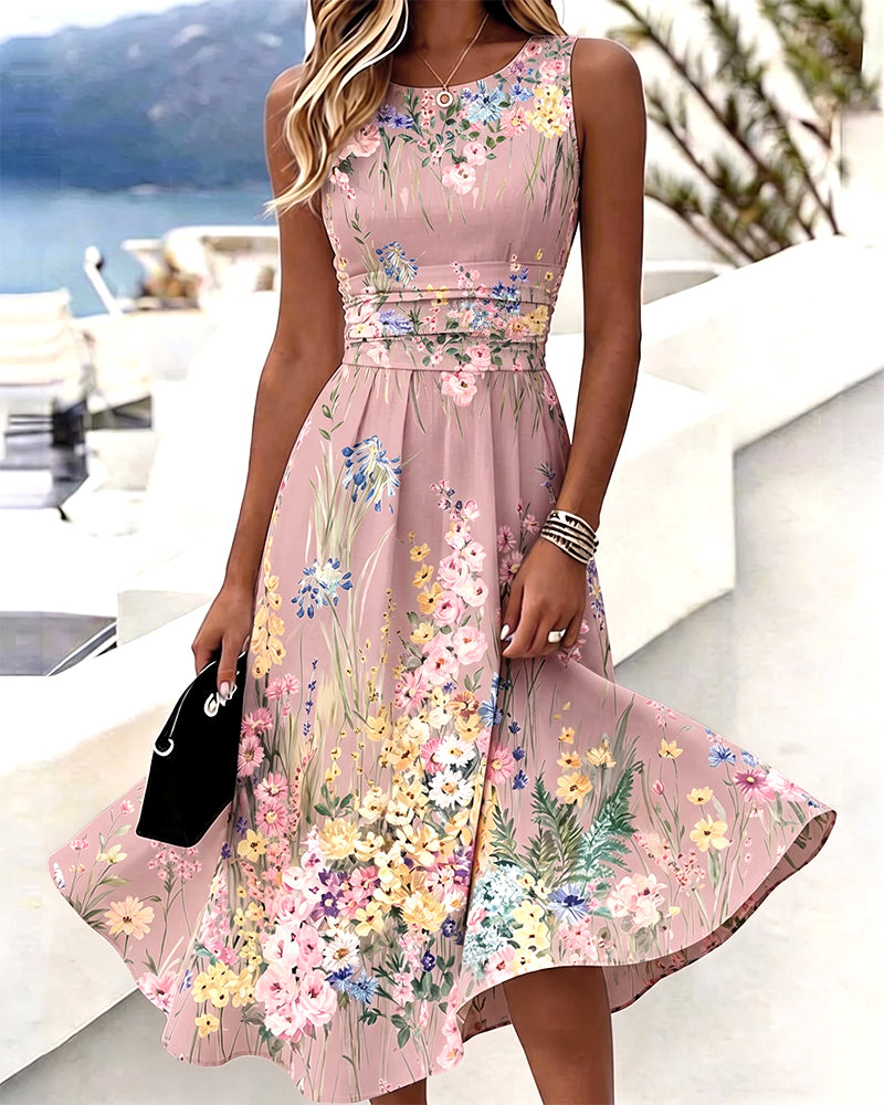 Robe Sans Manches Imprimé Floral Cintrée À La Taille