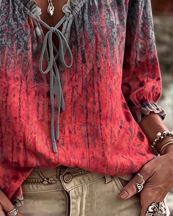 Blouse Dégradé Tie-Dye Cordon Manche Trois Quarts