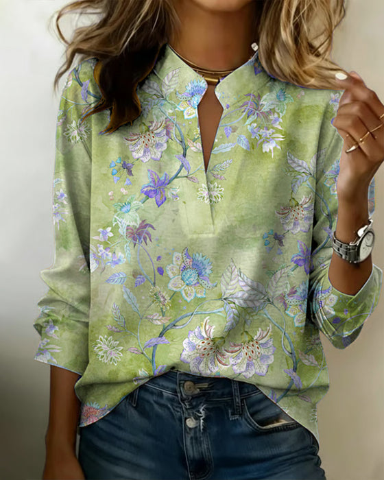 Blouse Col Monté Manches Longues Fleuri