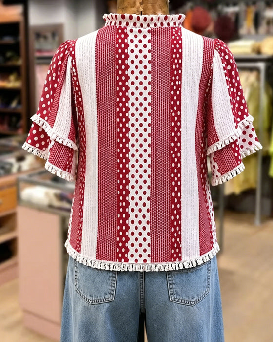 Blouse Col En V À Pois Frange Patchwork
