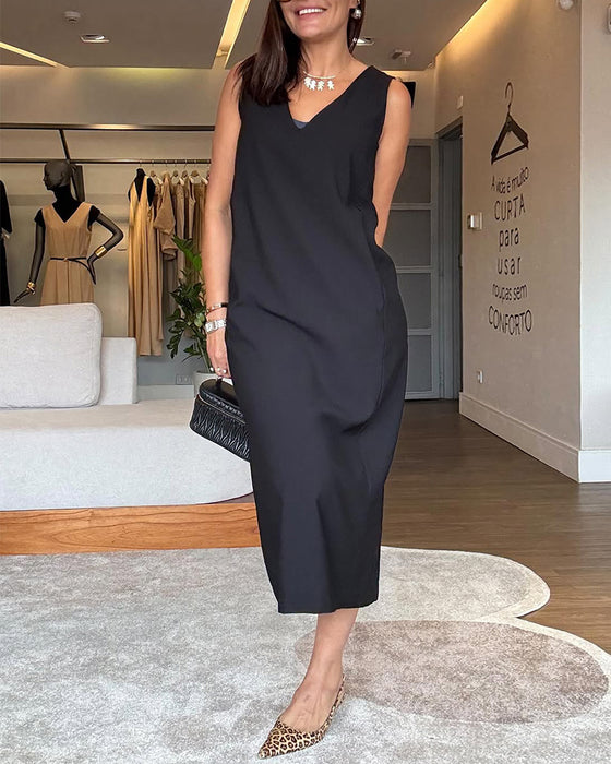 robe décontractée col en V sans manches couleur unie fendue