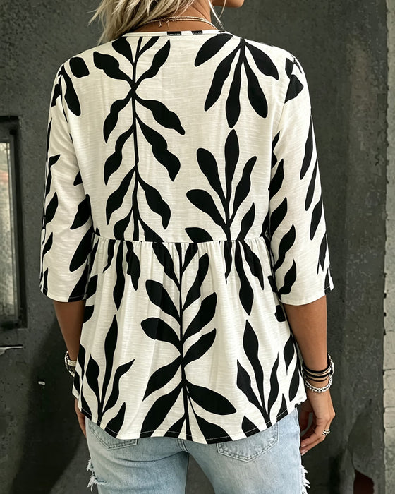 Blouse Col V Lâche Imprimé Manche Courte