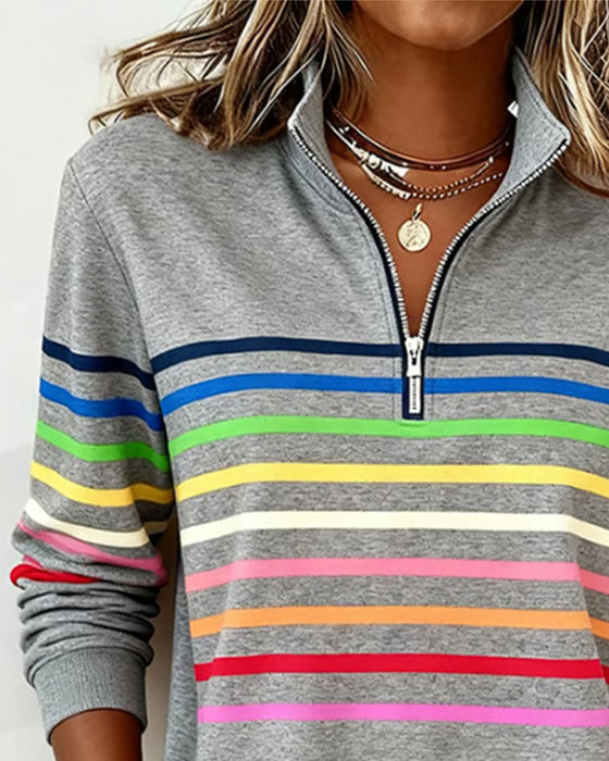 Sweat À Col Zippé À Moitié Avec Rayures Arc-En-Ciel Tendance