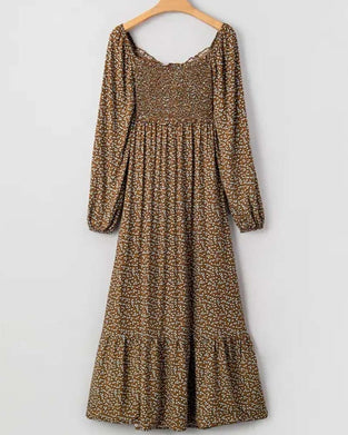 Robe Florale Col Carré Manche Longue Maxi