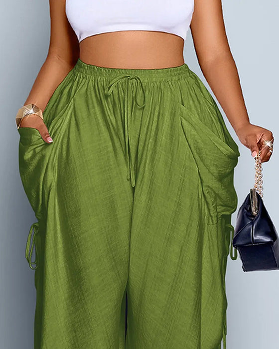 Pantalon Uni Plissé Taille Haute Large