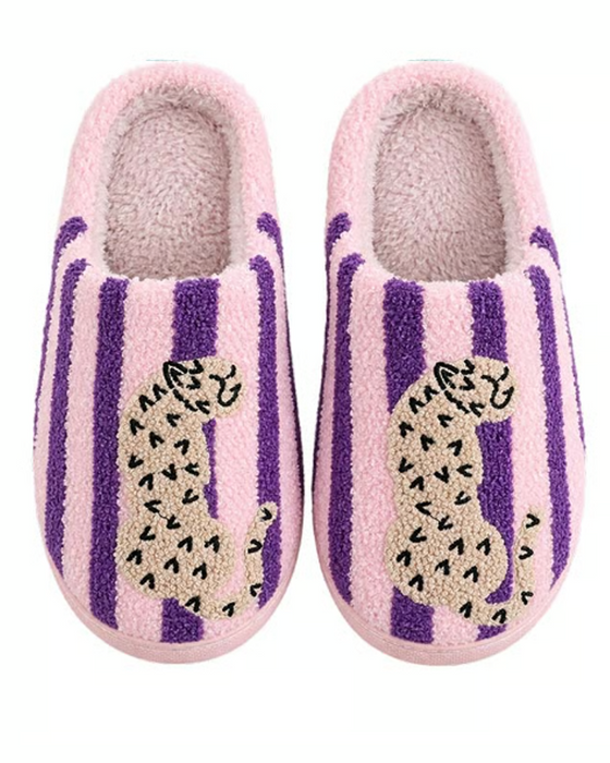 Damen Retro Gestreift & Leopard Flauschige Pantoffeln