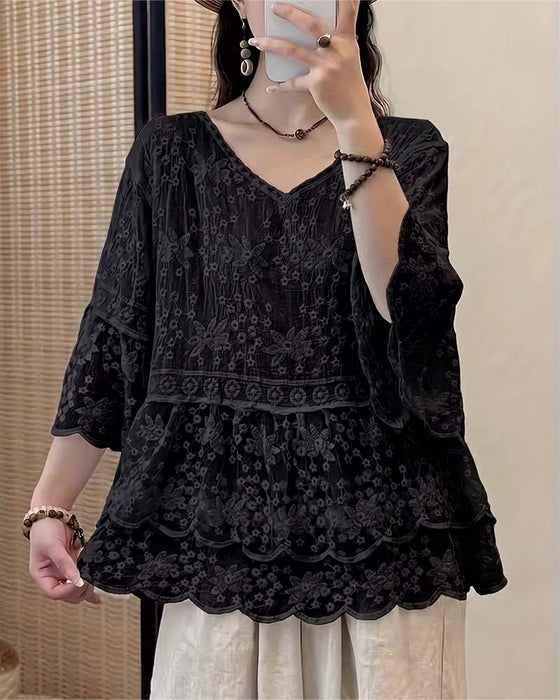 Blouse Manche Courte Dentelle Garniture