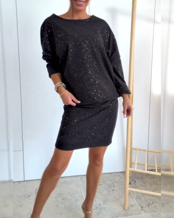 Robe Col Rond Paillettes Fines À La Mode