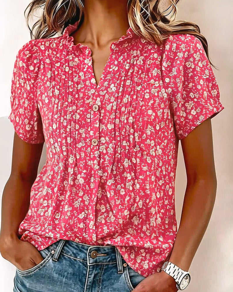 Blouse Col En V Bouton Imprimé Floral