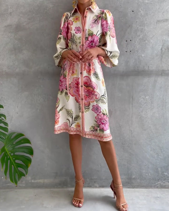 Robe Manche Lanterne Col Cranté Imprimé