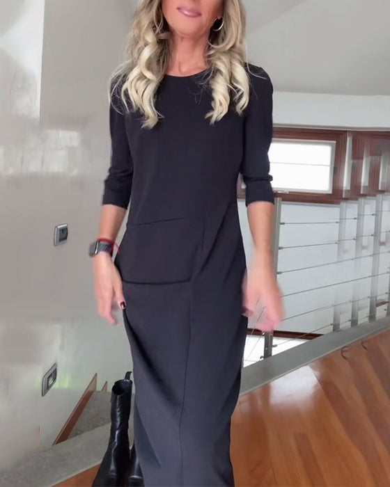 Robe élégante plissée à col rond de couleur unie