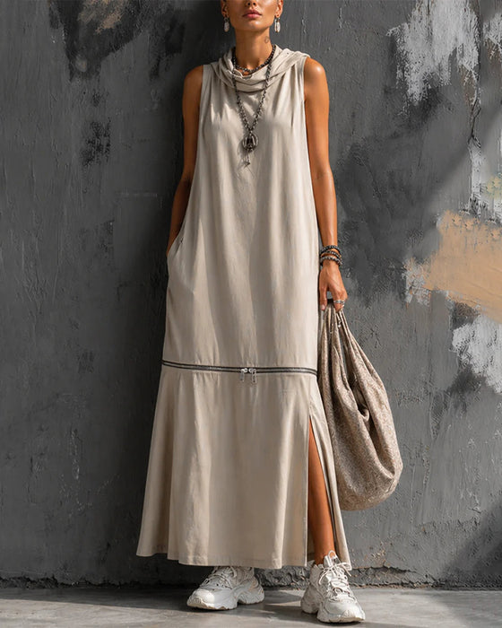 Robe Cowl Encolure Sans Manches Fermeture Éclair Fente