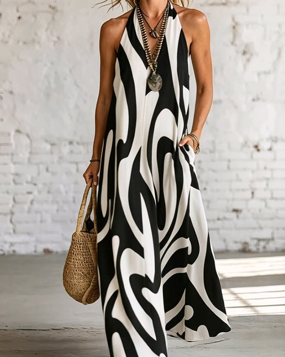 Robe Col V Sans Manches Motif Géométrique