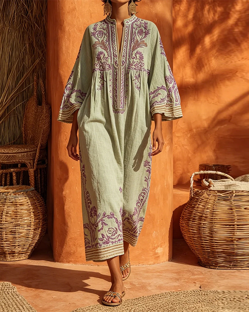 Robe Col En V Imprimé Ethnique Coupe Loose