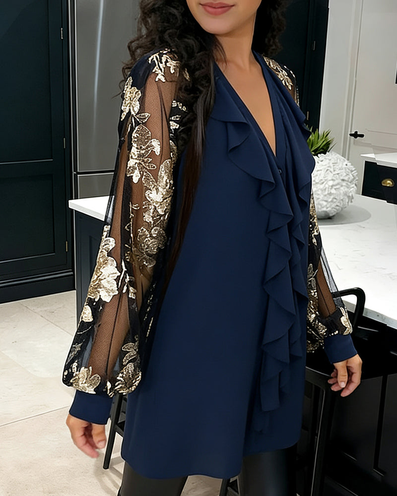 Robe Élégante Dentelle Manche Longue Col V