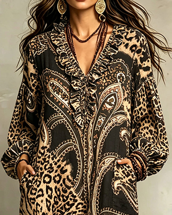 Robe Col V Volant Manche Ballon Poche