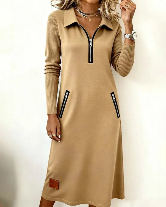 Robe Revers Fermeture Éclair Unie Ligne A