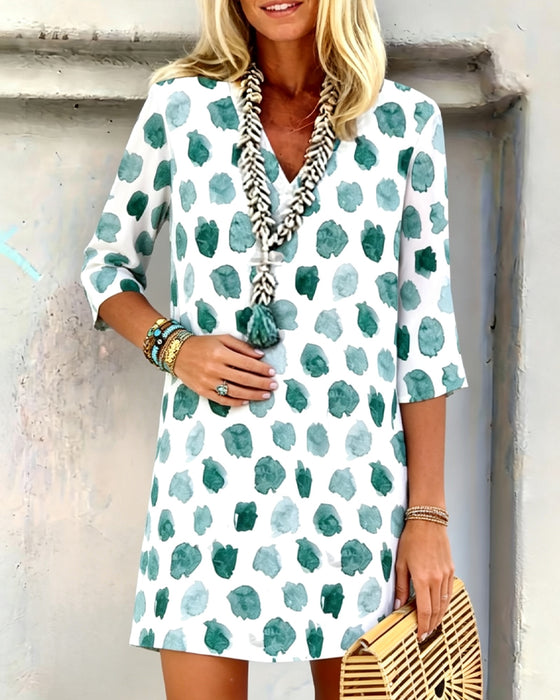 Robe Col En V À Pois Manches Courtes