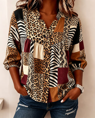 Blouse Léopard Bloc De Couleur Col V