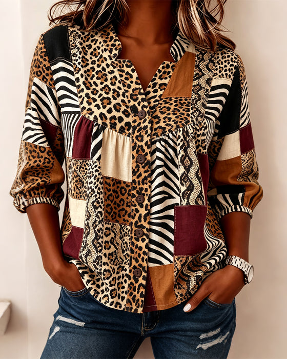 Blouse Léopard Bloc De Couleur Col V