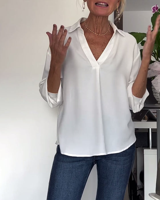 Haut simple à manches longues et revers de couleur unie