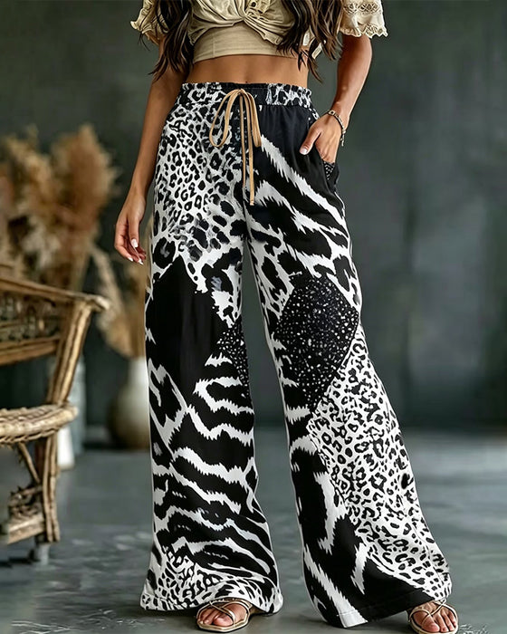 Pantalon Léopard Imprimé Patchwork Jambe Large Casual