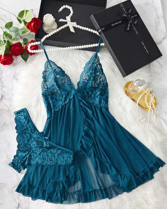 Chemise de Nuit Décolletée & Culotte Décor Nœud Set Femme Sexy Volant Dentelle