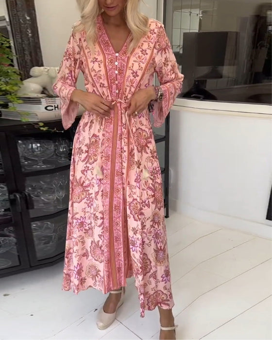 Robe élégante imprimée à col en V avec cordon de serrage et boutons