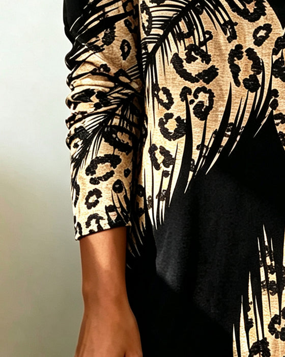 Robe Imprimé Léopard Bloc Couleur Col Cascade