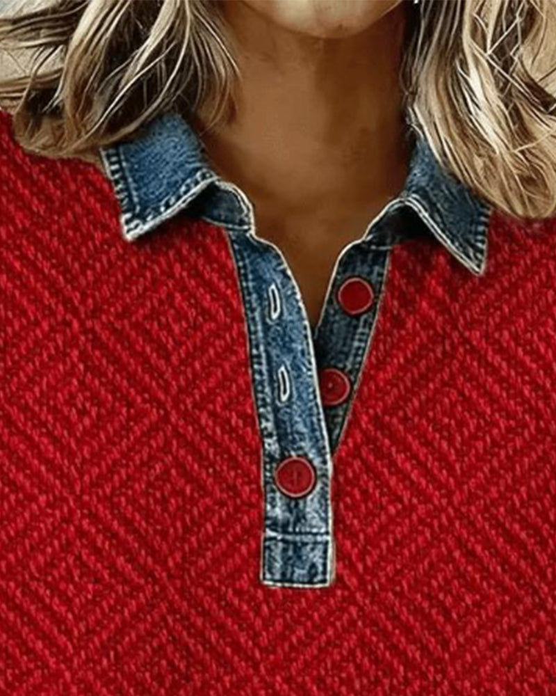 Sweat-Shirt À Col Denim Patchwork
