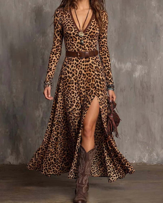 Robe Imprimé Léopard Col En V Avec Fente