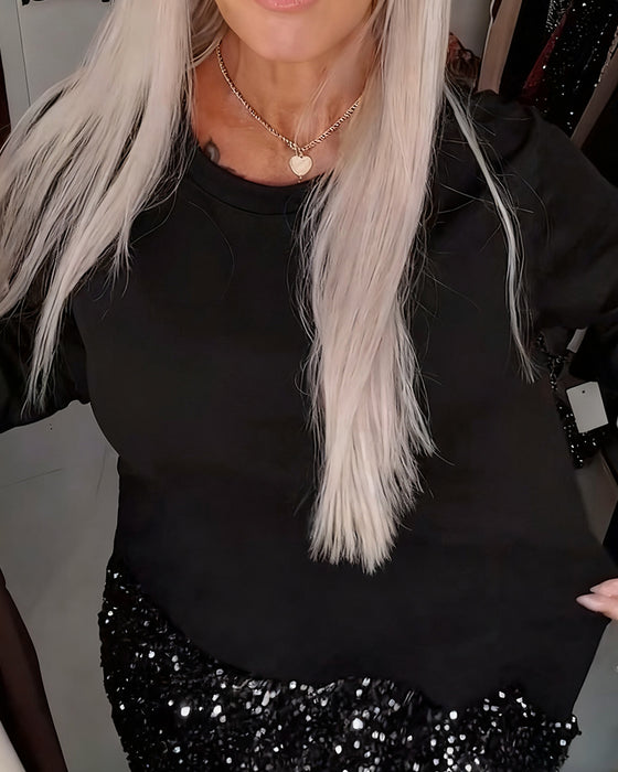 Robe Col Rond Manches Longues À Paillettes Patchwork